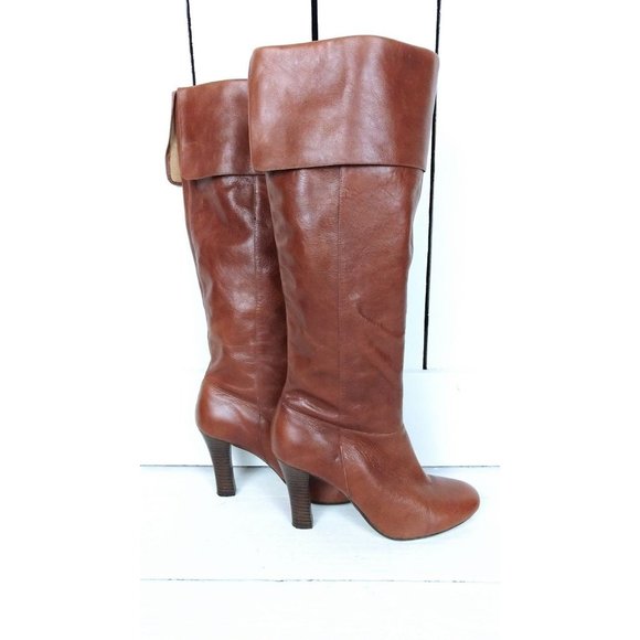 90s brown tall cuffed high heel leather boots rounded toe boots - Picture 2 of 7
